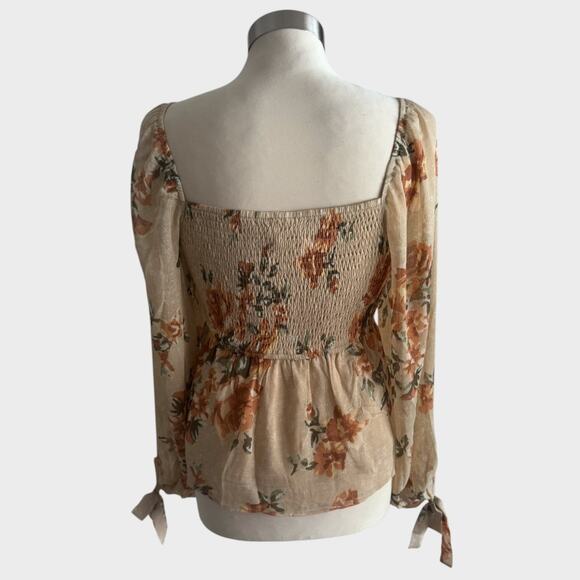 Enchanted Garden Floral Chiffon Peasant Top Small 100% Polyester Natural - Picture 7 of 13